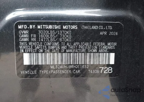 2024 Mitsubishi Mirage Es/Le z USA, uszkodzony, nr VIN ML32AUHJ8RH011632